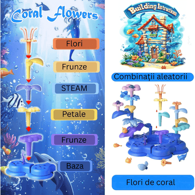 Set de Constructie Ludiro 136 Piese cu Corali si Pesti, Tema Marina, Baza Modulara, +3 Ani - LUDIRO
