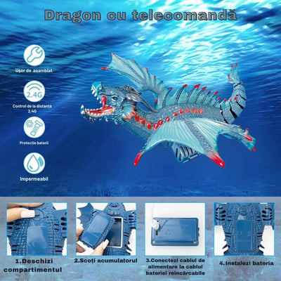 Dragon Interactiv de Apă cu Telecomandă, Funcție Stropire, Lumini, Acumulator Reîncărcabil, 43 cm, Jucărie Piscină, Albastru - LUDIRO