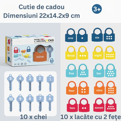 Joc Educativ Montessori Lacăte și Chei, Învățare Cifre 1-10, 20 Piese, Abilități Motorii, Fără BPA, Copii 3+ Ani - LUDIRO