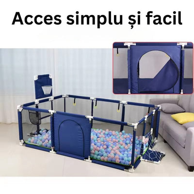 Țarc de copii XXL 235×129×66 Cm, Loc de Joacă Sigur cu Poartă si Coș, Acces Lateral cu Fermoar, Cadru din Oțel Inoxidabil, 1–6 Ani, Albastru - LUDIRO