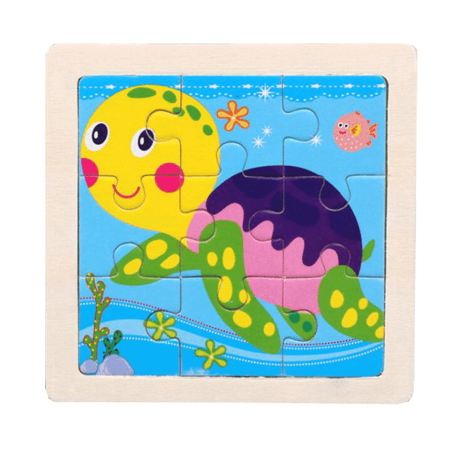 Puzzle Educativ din Lemn pentru Copii, Broasca Testoasa, 9 Piese, 11x11x0.5 Cm, + 3 Ani - LUDIRO