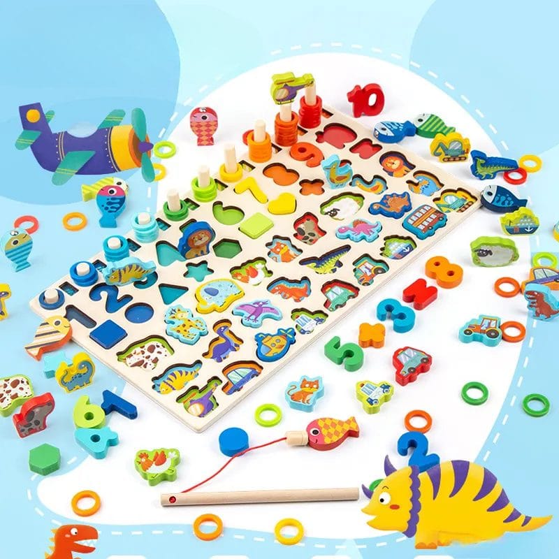 Jucarie Educativa Multifunctionala Montessori, Puzzle din Lemn cu Cifre, Forme, Animale, Dinozauri si Vehicule pentru Dezvoltarea Cognitiva, Ideal pentru Copii Prescolari, 40x22.5 Cm, + 3 Ani - LUDIRO