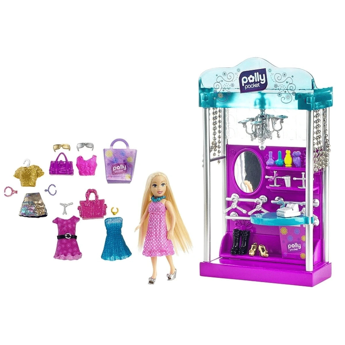Set de Joaca Polly Pocket, Magazinul de Imbracaminte, Papusa Polly, 7 Tinute, 28 Accesorii, +4 ani - LUDIRO
