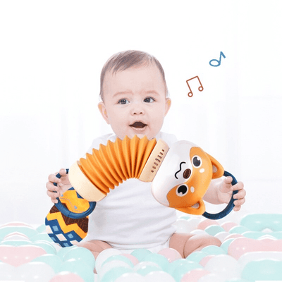 Jucarie Interactiva Bebelusi, Acordeon Tigrisor, Lumini si Sunete, Maner Detasabil, 31x10 Cm, Maro, +18 Luni - LUDIRO