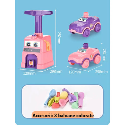 Set Interactiv Lansator Masinute cu Baloane, 2 Masinute, 8 Baloane Incluse, 29.8x28.2x12 Cm, Margini Rotunjite, Pompa Manuala, Inel de Etansare, Roz, + 3 Ani - LUDIRO