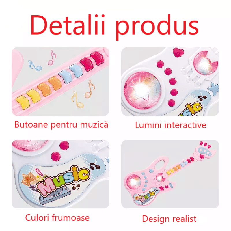 Jucarie Interactiva Chitara cu Panou Muzical si Luminos, Functii Multiple, Alb, 36x13.5x3 cm, +2 Ani - LUDIRO