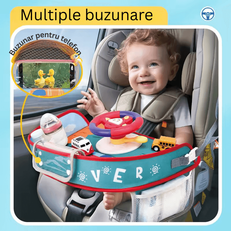 Masuta Auto cu Volan Interactiv pentru Copii Ludiro, Accesorii depozitare, Distractie si Ordine in Calatorii, + 18 Luni - LUDIRO
