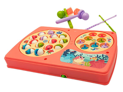 Resigilat - Set Interactiv 2 in 1, Joc Pescuit cu 15 Pestisori si 2 Undite, Joc Whack A Mole cu 8 Cartite si 2 Ciocanele, Cadru Rotativ, Sunete, 28x18x4 Cm, Roz, + 3 Ani - LUDIRO