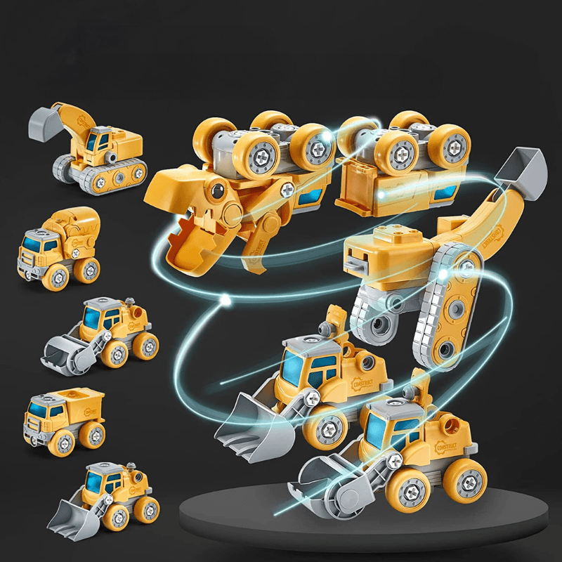Dinozaur Transformabil 5 in 1 cu Vehicule de Constructii STEM, Sunete si Lumini - LUDIRO