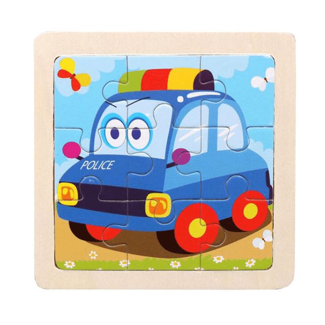 Puzzle Educativ din Lemn pentru Copii, Masina de Politie, 9 Piese, 11x11x0.5 Cm, + 3 Ani - LUDIRO