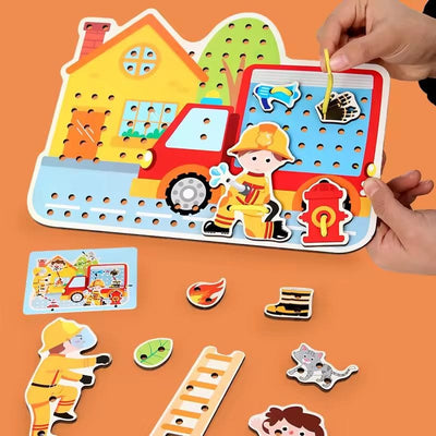 Puzzle Interactiv din Lemn, Pompieri, 31 piese de Snuruit pentru Dezvoltarea Abilitatilor Motorii si Educatia Copiilor, 29x21.5 Cm, +3 Ani - LUDIRO