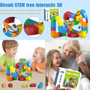 Circuit Trenuleț Electric 3D, Set Construcție Interactiv Cube Track, 81 Piese, Tren cu Acumulator USB și Lumini, Semne de Circulație, +3 Ani - LUDIRO