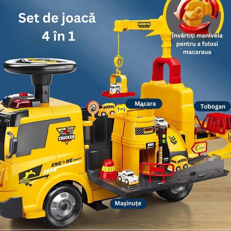 Camion 4 in 1 cu Functie Ride-On, Circuit Interactiv si Macara, Jucarie Educativa pentru Copii cu Volan Multifunctional, Lumini si Sunete, + 3 Ani - LUDIRO