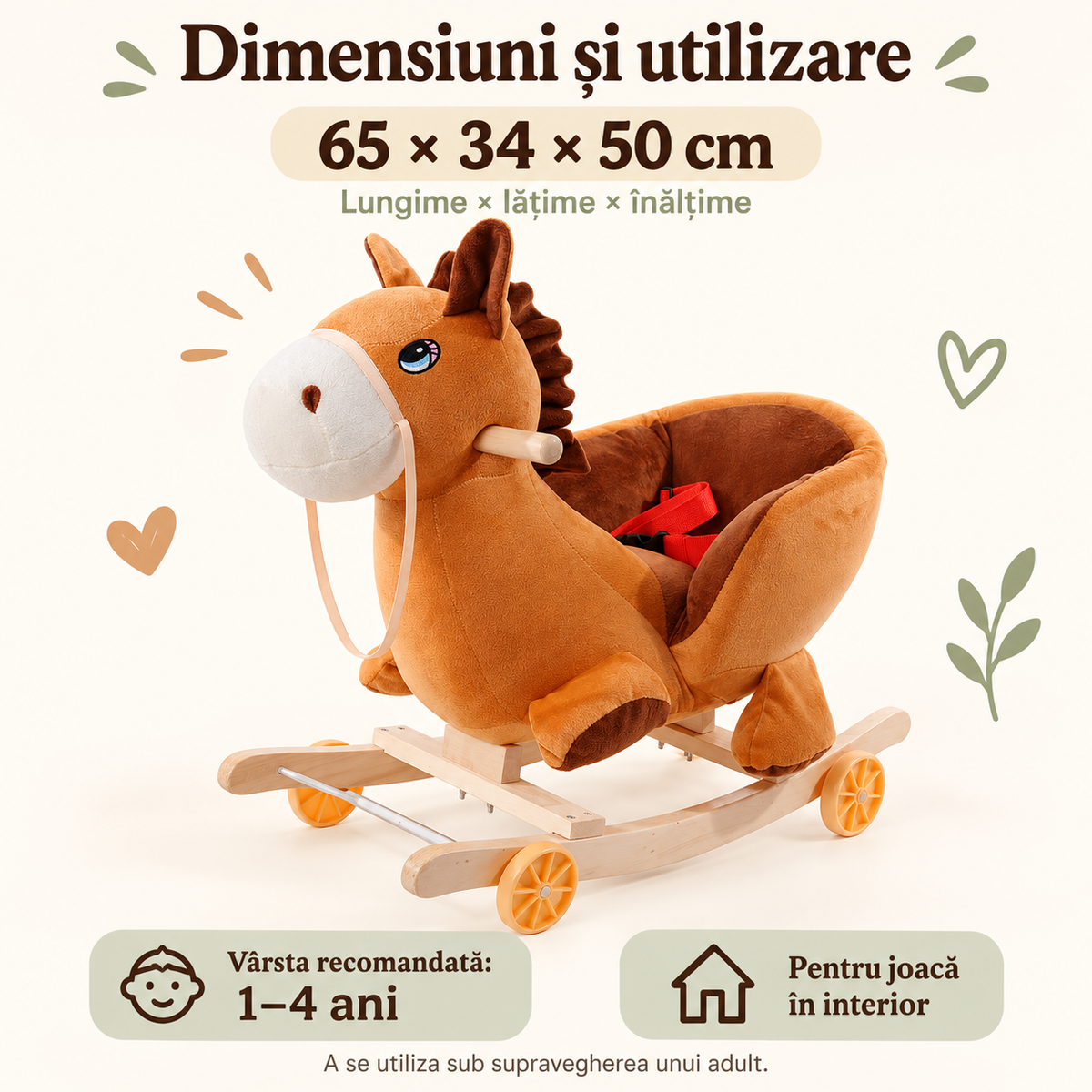 Căluț balansoar LUDIRO maro, dimensiuni 65 × 34 × 50 cm, recomandat pentru 1–4 ani, în interior.