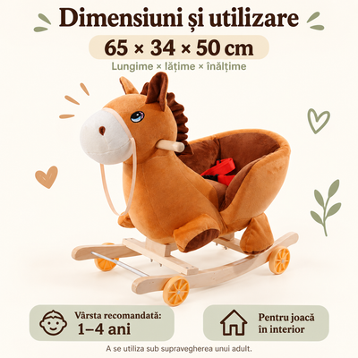 Căluț balansoar LUDIRO maro, dimensiuni 65 × 34 × 50 cm, recomandat pentru 1–4 ani, în interior.