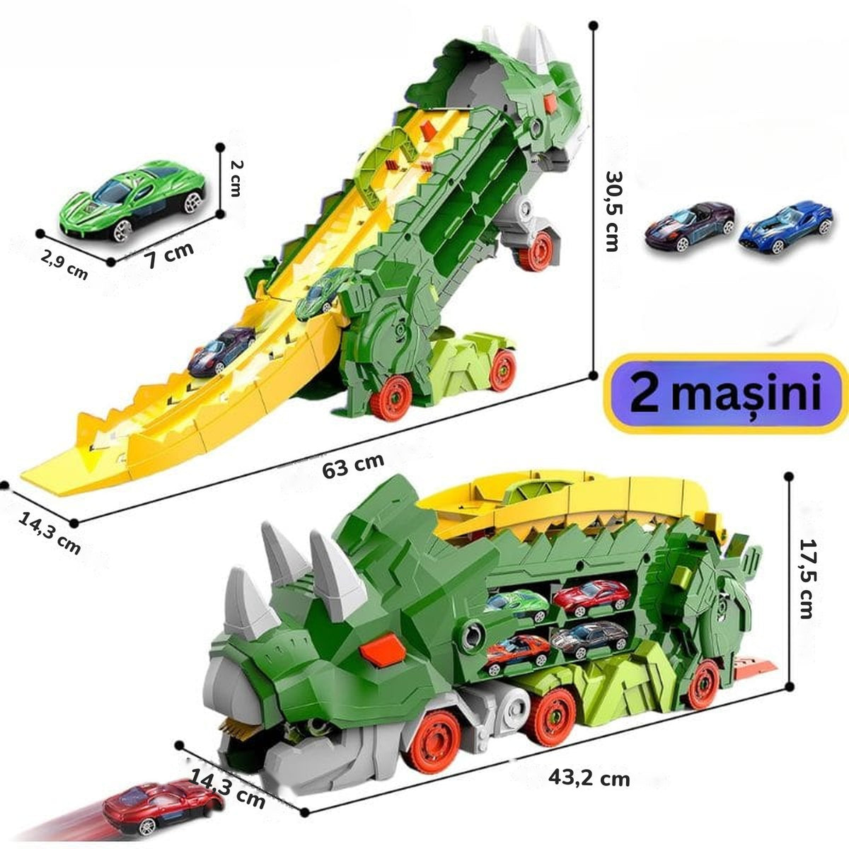 Dimensiunile camionului dinozaur: 43,2 x 14,3 x 17,5 cm ca transportor și 63 x 30,5 cm ca rampă