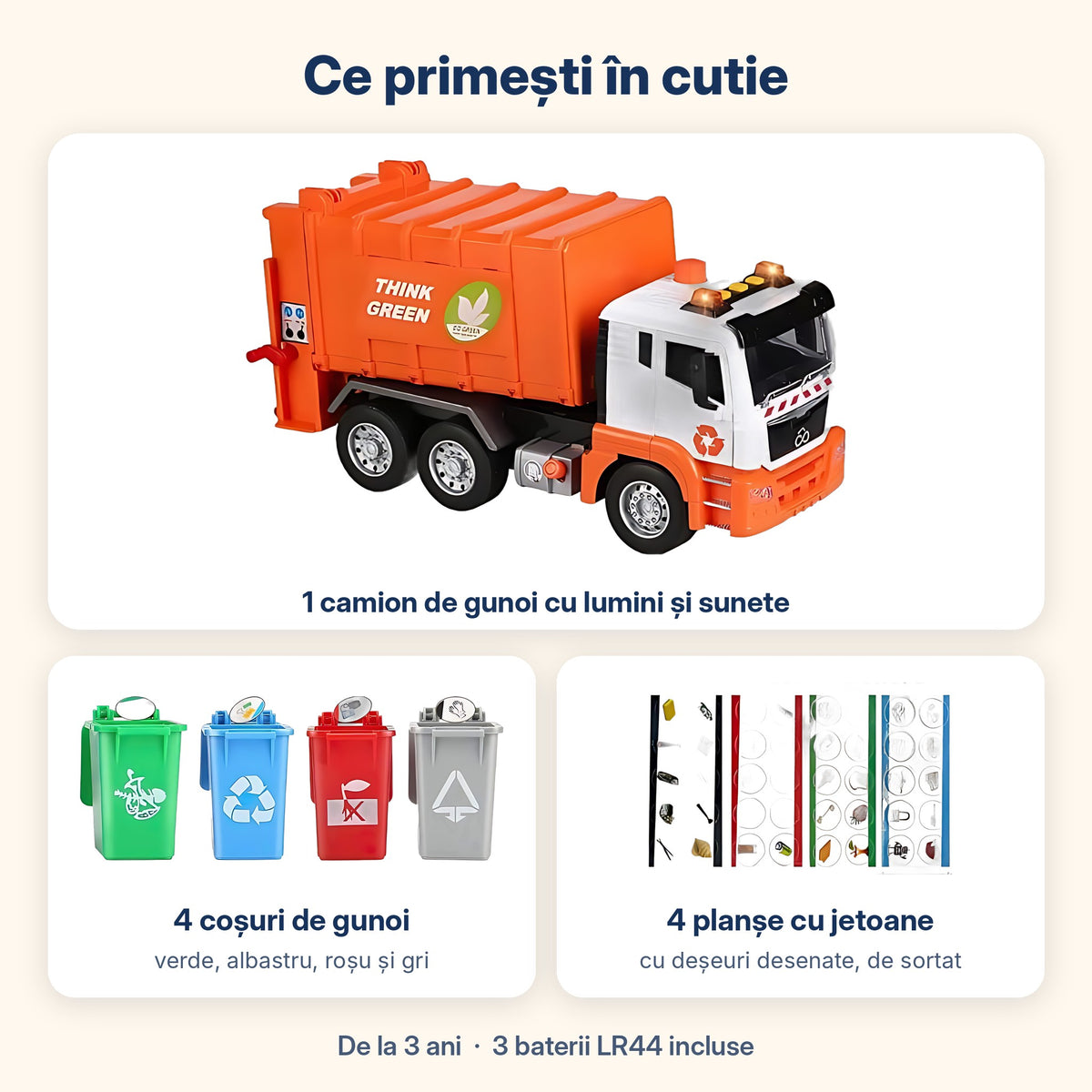 Conținutul cutiei: camion de gunoi, 4 coșuri de gunoi și 4 planșe cu jetoane
