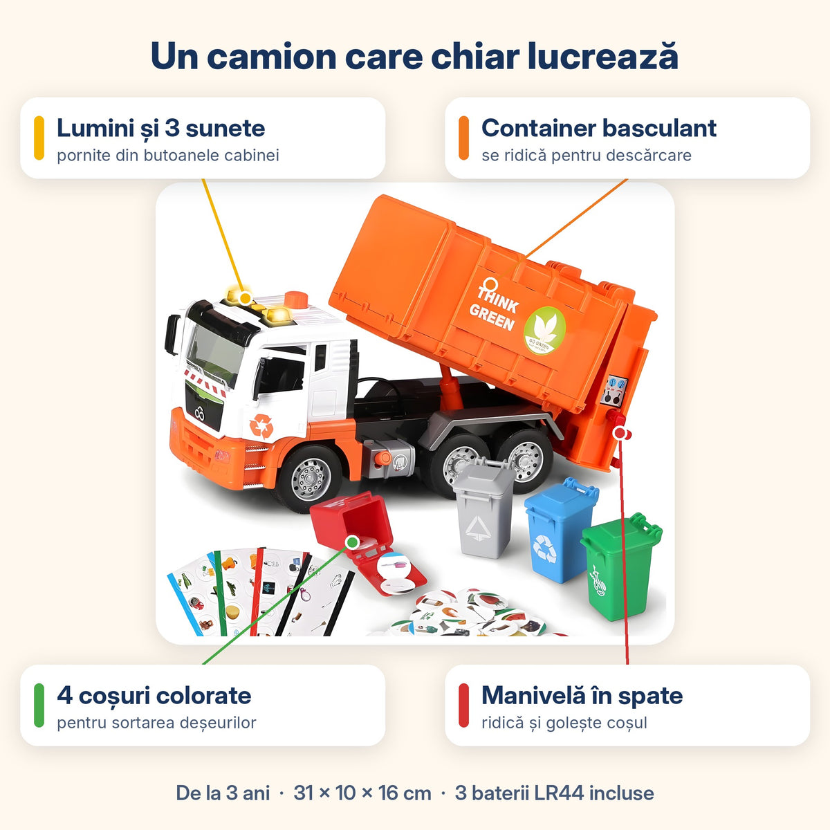 Funcțiile camionului de gunoi: lumini și sunete, container basculant, manivelă și coșuri colorate