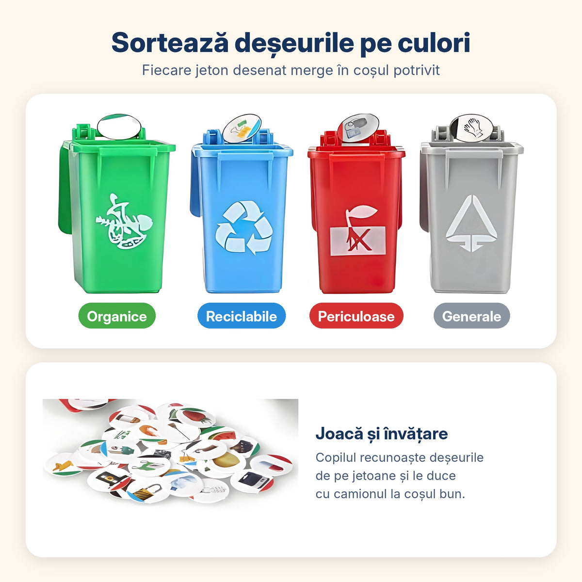 Coșuri pentru deșeuri organice, reciclabile, periculoase și generale, cu jetoane desenate