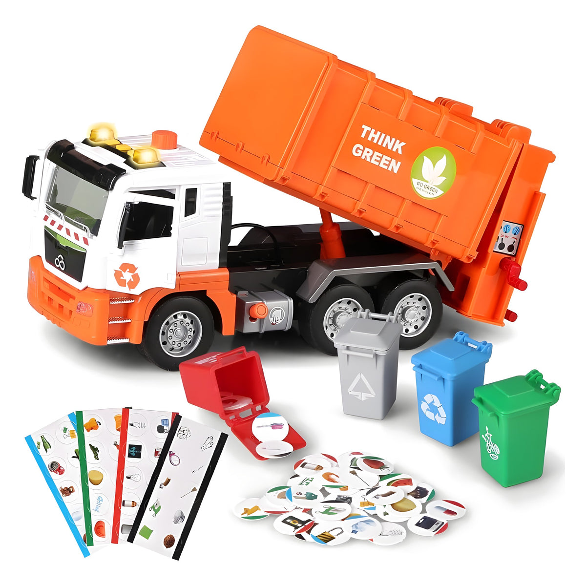 Camion de gunoi LUDIRO cu container basculant, 4 coșuri colorate și jetoane pentru sortarea deșeurilor
