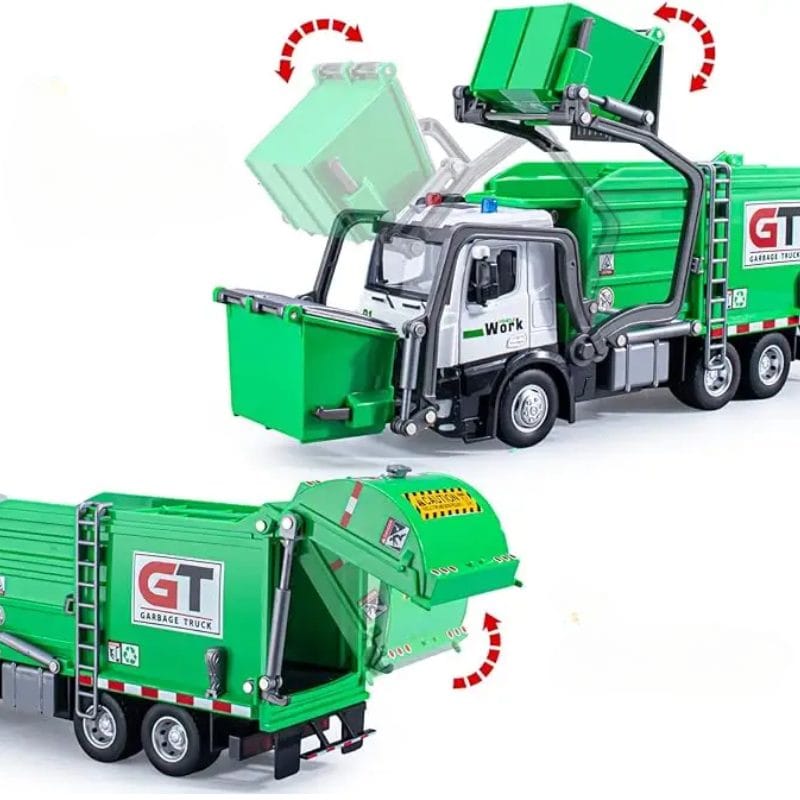 Camion de gunoi – ridicarea recipientului frontal și deschiderea compartimentului posterior