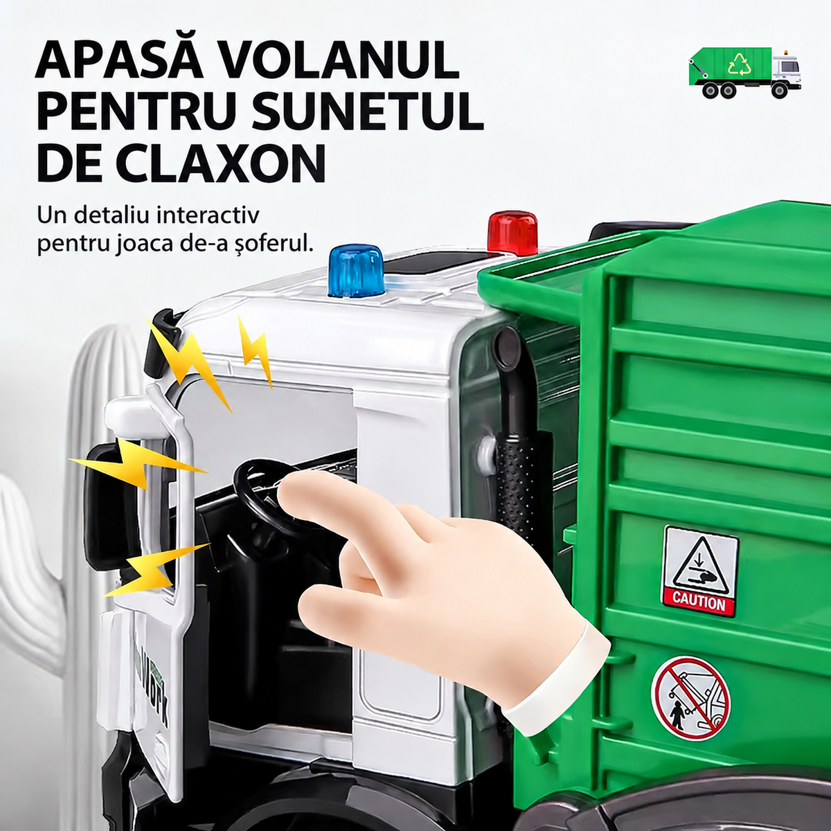Claxonul camionului de reciclare se activează prin apăsarea volanului, cu ușa cabinei deschisă