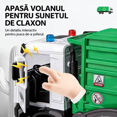 Claxonul camionului de reciclare se activează prin apăsarea volanului, cu ușa cabinei deschisă