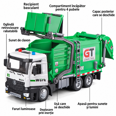 Funcțiile camionului de reciclare: recipient basculant, uși mobile, lumini, claxon și deplasare prin inerție