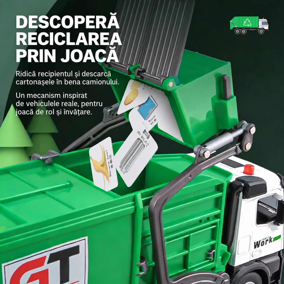 Brațul camionului ridică recipientul și descarcă în benă cartonașele pentru jocul de reciclare