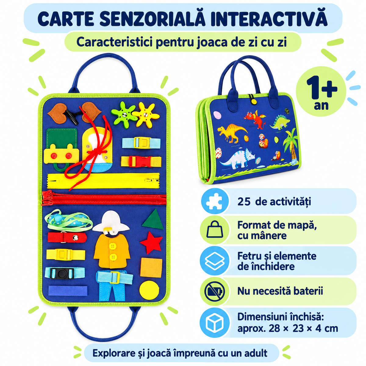 Carte senzorială cu 25 de activități, mânere și dimensiuni închise de aproximativ 28 × 23 × 4 cm, recomandată de la 1 an.