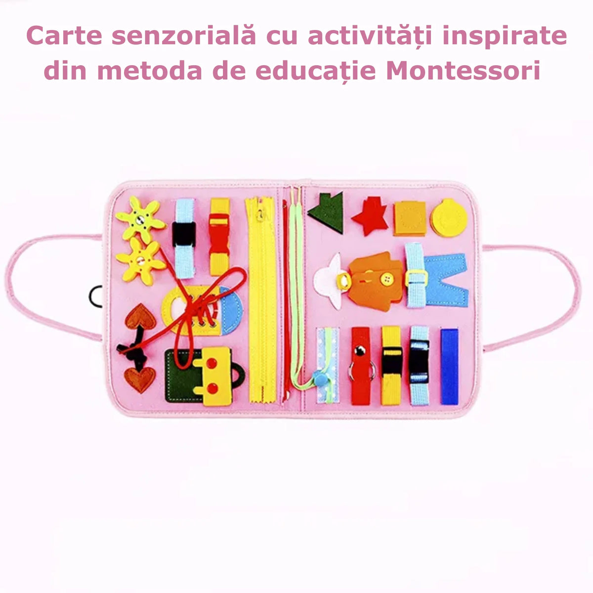 Carte senzorială roz cu activități practice inspirate de Montessori: șireturi, fermoare, nasturi și forme.