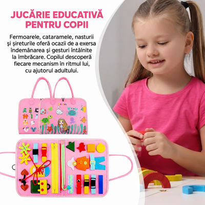 Carte senzorială roz și explicații despre exersarea îndemânării și a gesturilor de îmbrăcare, alături de un copil.