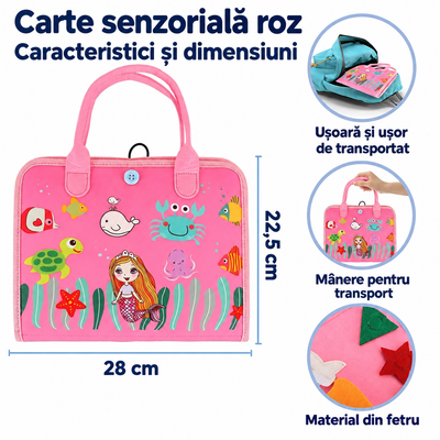 Caracteristicile cărții senzoriale roz: corp de 28 × 22,5 cm, mânere pentru transport și material din fetru.