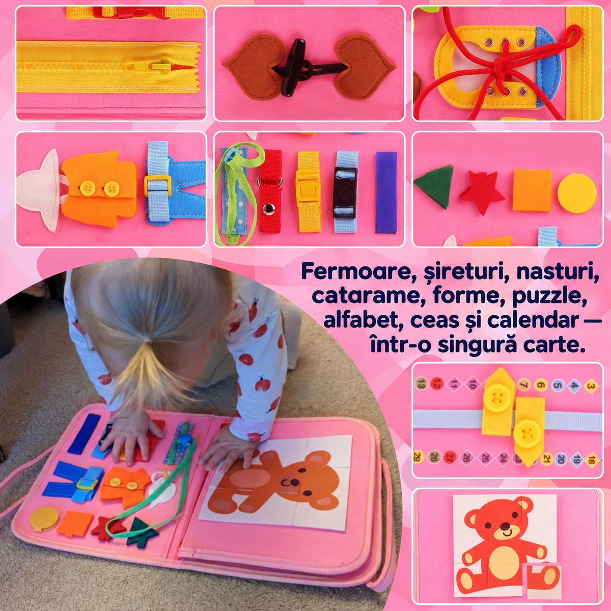 Detalii cu fermoar, șireturi, catarame, forme, calendar și puzzle cu ursuleț, alături de un copil care explorează cartea.