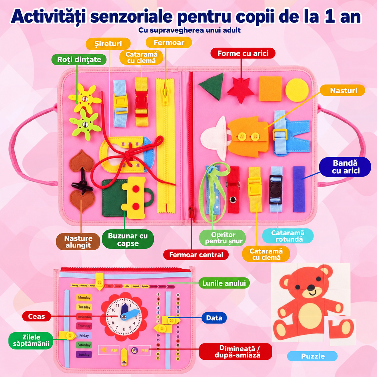Activitățile cărții senzoriale roz pentru copii de la 1 an: închideri, forme, ceas, calendar și puzzle cu ursuleț.