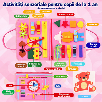 Activitățile cărții senzoriale roz pentru copii de la 1 an: închideri, forme, ceas, calendar și puzzle cu ursuleț.