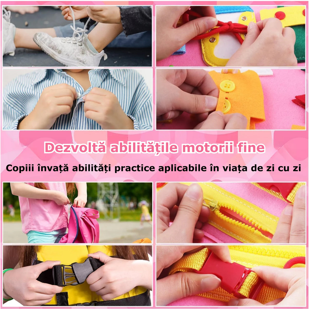 Comparație între închiderea hainelor și exersarea șireturilor, nasturilor, fermoarului și cataramei pe carte.