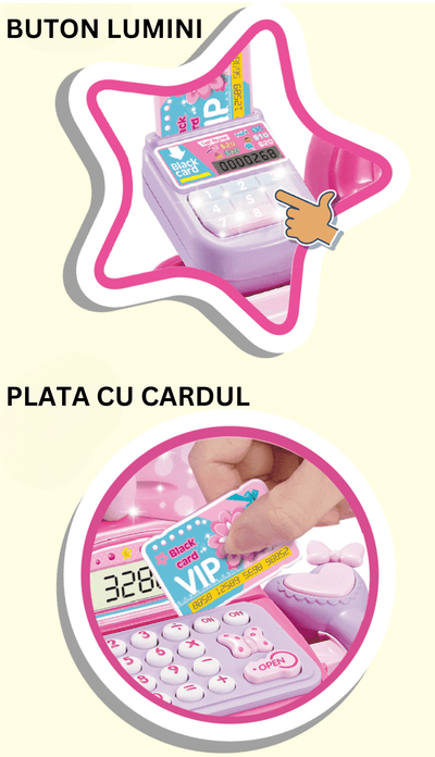 Butonul pentru lumini și introducerea cardului de joacă în casa de marcat roz