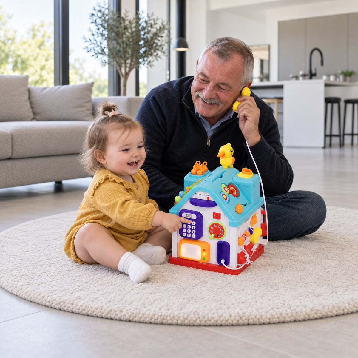 Bunic și nepoțică de un an care se joacă la telefonul căsuței de activități LUDIRO, într-o sufragerie modernă