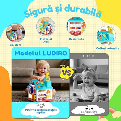 Infografic despre siguranța căsuței LUDIRO: CE, EN 71, plastic ABS, rezistență și colțuri rotunjite