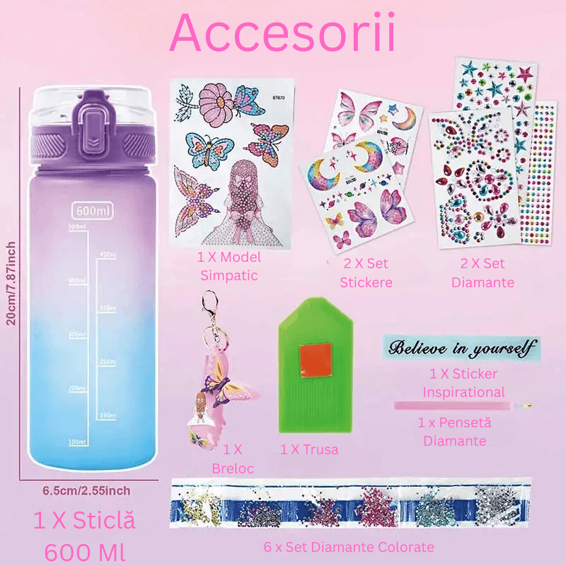 Sticla Apa Copii Ludiro 600 Ml de Decorat cu Diamante si Stickere, Creativitate Zilnica - LUDIRO
