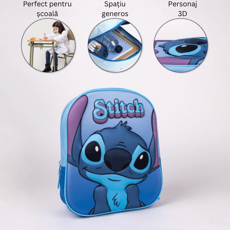 Ghiozdan Disney Lilo &amp; Stitch 3D pentru Copii, 31 Cm, Spațiu Generos, Design Original, Albastru - Disney