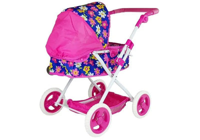 Carucior Landou pentru Papusi, Pliabil, Cu Maner Reglabil, Model Floral, Inaltime 65 Cm, Multicolor, + 3 Ani - LUDIRO