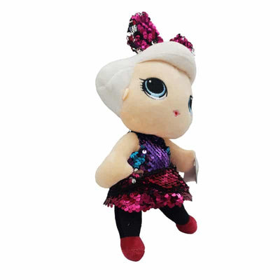 Papusa de Plus cu Paiete, Cu Fundita si Rochita Lila, 27 cm, + 3 Ani - LUDIRO