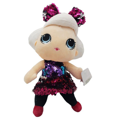 Papusa de Plus cu Paiete, Cu Fundita si Rochita Lila, 27 cm, + 3 Ani - LUDIRO