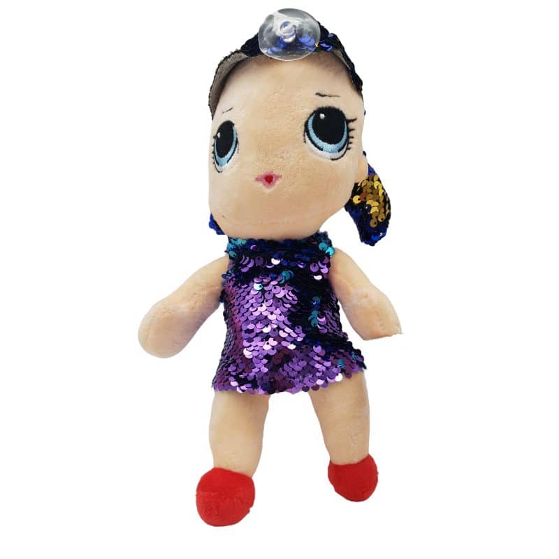 Papusa de Plus cu Paiete, Cu Codite Lungi si Rochita Mov, 27 cm, + 3 Ani - LUDIRO