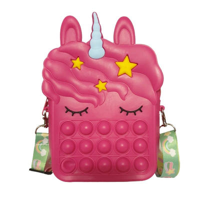 Jucarie Interactiva Antistres Tip Gentuta de Umar Pop IT NOW din Silicon, Cu Fermoar si Curea, Unicorn Patrat XXL, 16x22.5x5.5 cm, Fuchsia, + 3 Ani - LUDIRO