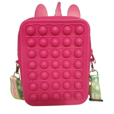 Jucarie Interactiva Antistres Tip Gentuta de Umar Pop IT NOW din Silicon, Cu Fermoar si Curea, Unicorn Patrat XXL, 16x22.5x5.5 cm, Fuchsia, + 3 Ani - LUDIRO