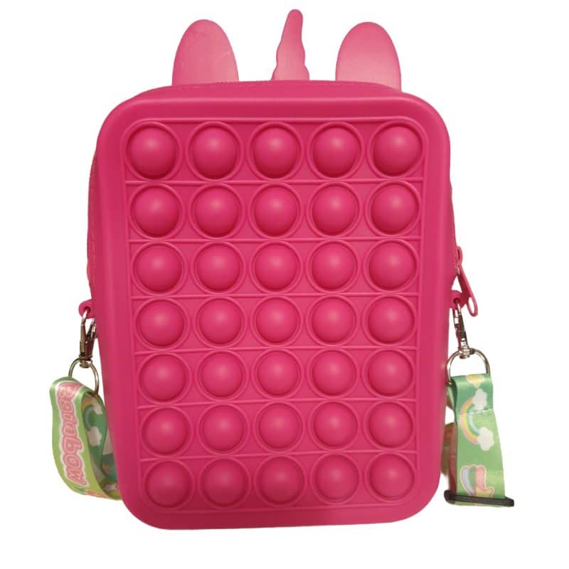 Jucarie Interactiva Antistres Tip Gentuta de Umar Pop IT NOW din Silicon, Cu Fermoar si Curea, Unicorn Patrat XXL, 16x22.5x5.5 cm, Fuchsia, + 3 Ani - LUDIRO