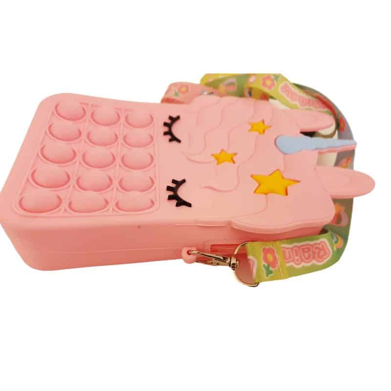 Jucarie Interactiva Antistres Tip Gentuta de Umar Pop IT NOW din Silicon, Cu Fermoar si Curea, Unicorn Patrat XXL, 16x22.5x5.5 cm, Roz, + 3 Ani - LUDIRO